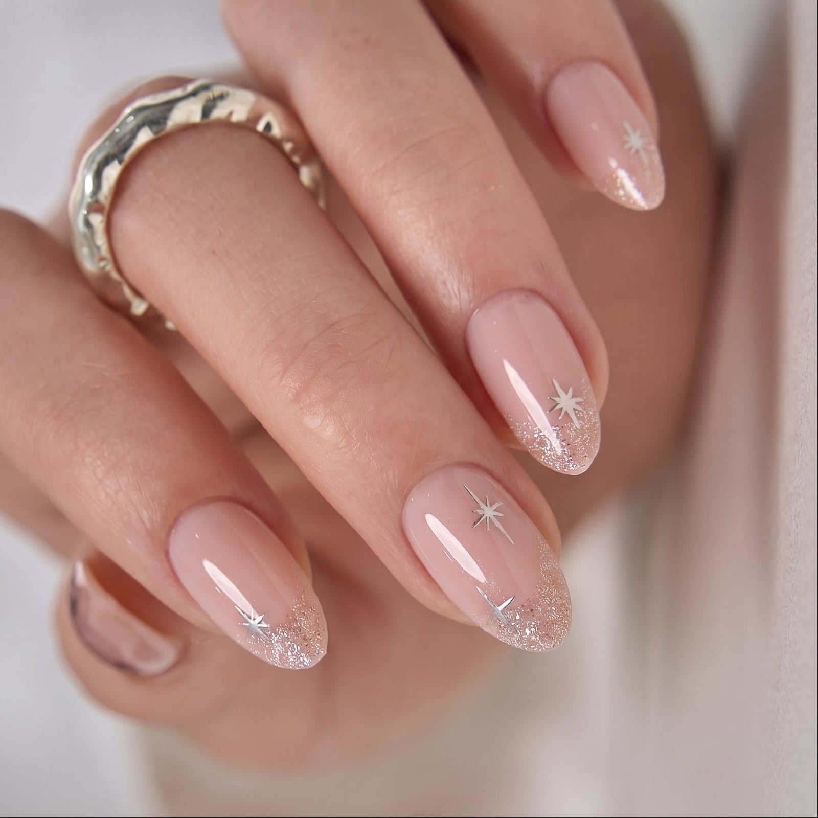Silver Glitter Gradient with Star Accents — Simple Nail Art