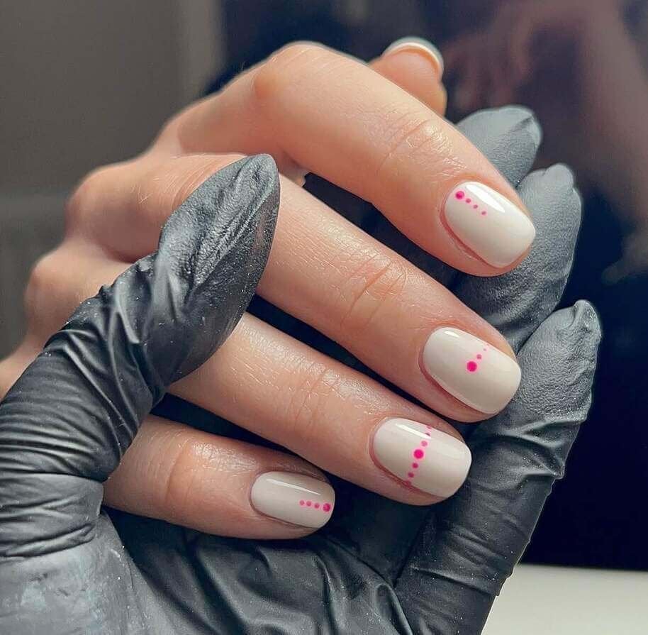 Pink Dots on Light Beige Oval — Simple Nail Art