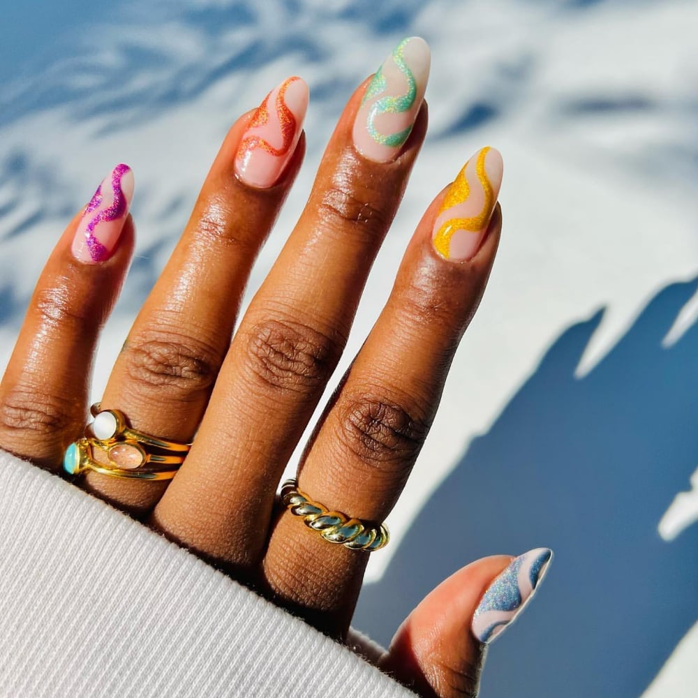 Colorful Wavy Lines on Sheer Shimmer — Simple Nail Art