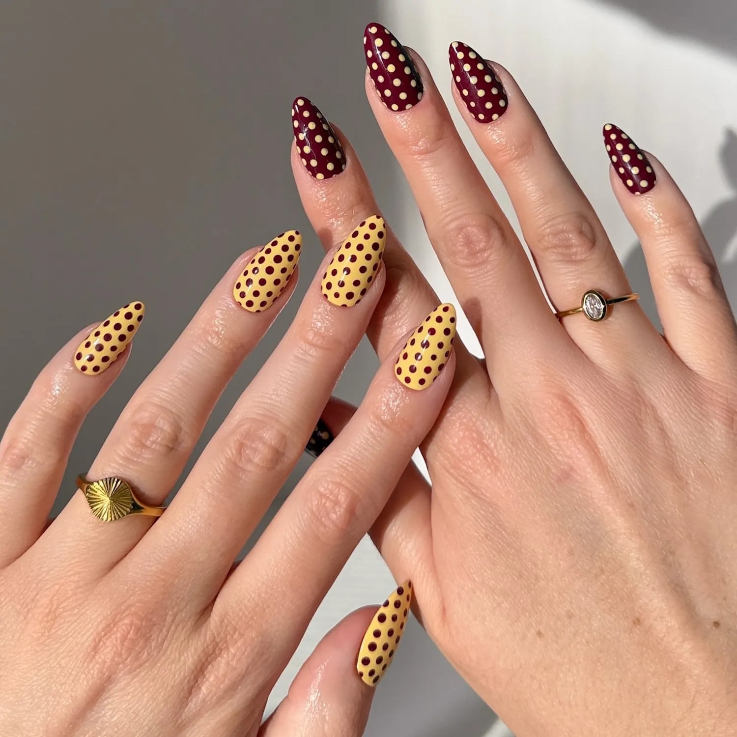 Maroon and Yellow Polka Dot Stiletto — Simple Nail Art