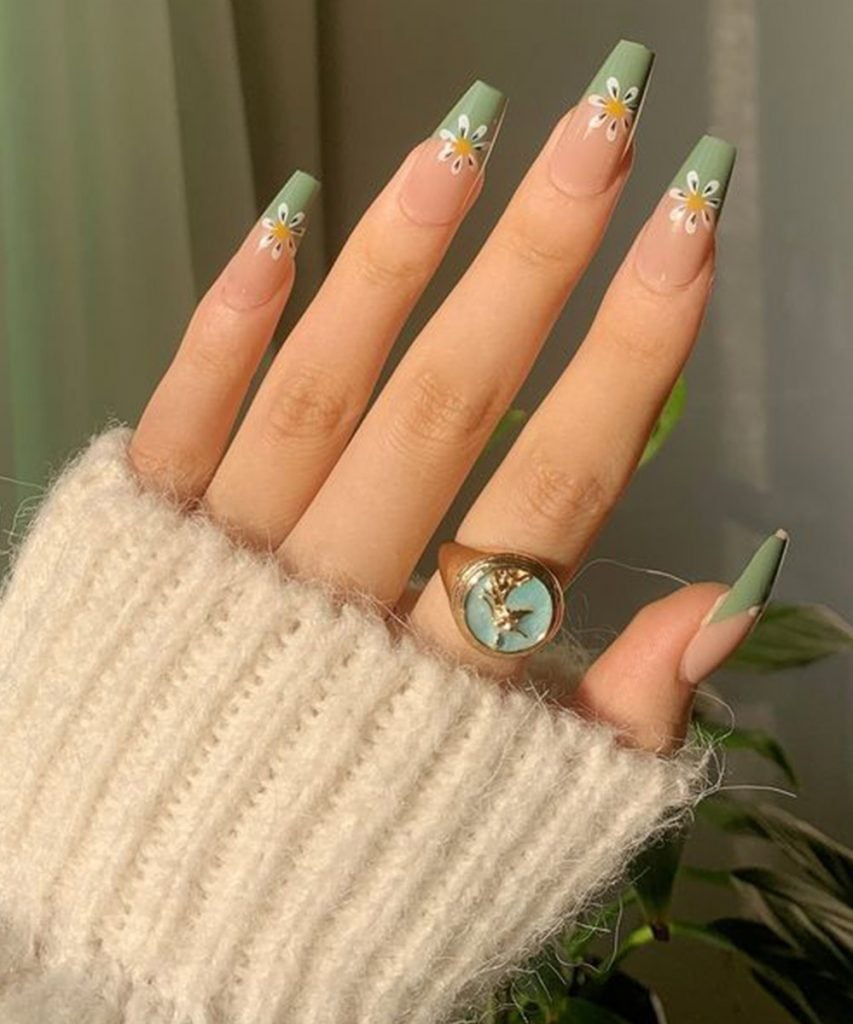 Floral Sage Green French Tip Coffin — Simple Nail Art