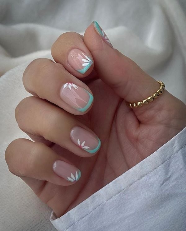 Sheer Pink Short Square With Mint Green Yellow Abstract Sheer Pink Short Square With Mint Green Yellow Abstract — Simple Nail Shapes