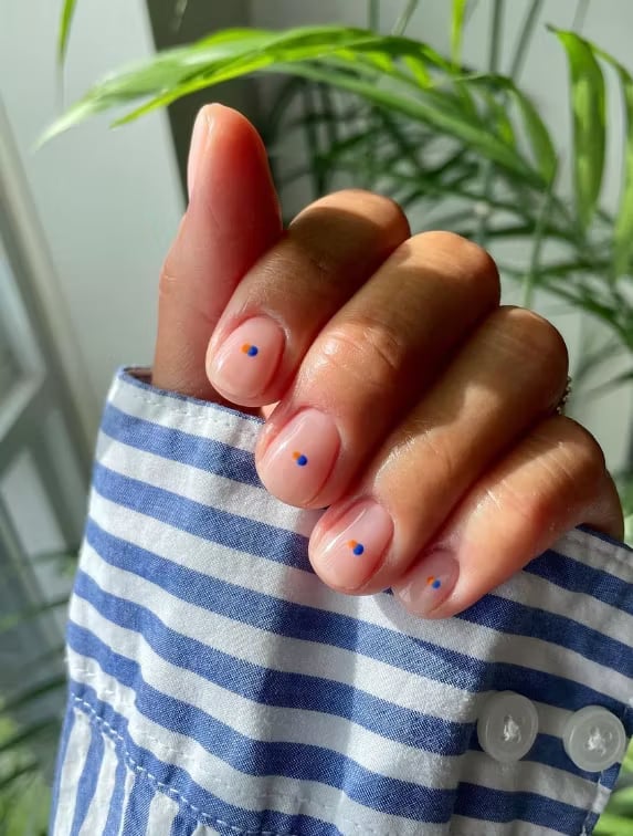 Sheer Nude Short Square With Blue Orange Dots Sheer Nude Short Square With Blue Orange Dots — Simple Nail Shapes
