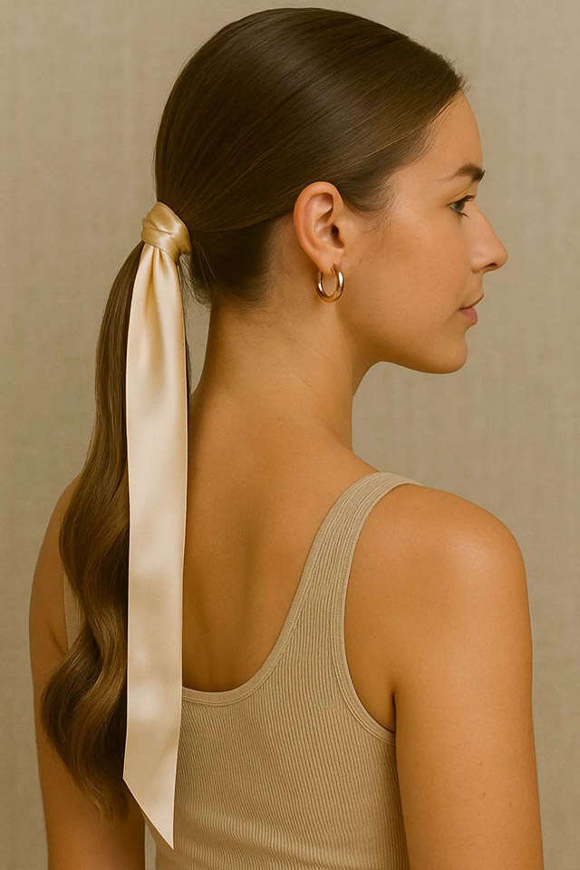 Mid-Back Dark Brown Low Ponytail With Ribbon Mid-Back Dark Brown Low Ponytail With Ribbon — Simple New Hairstyles