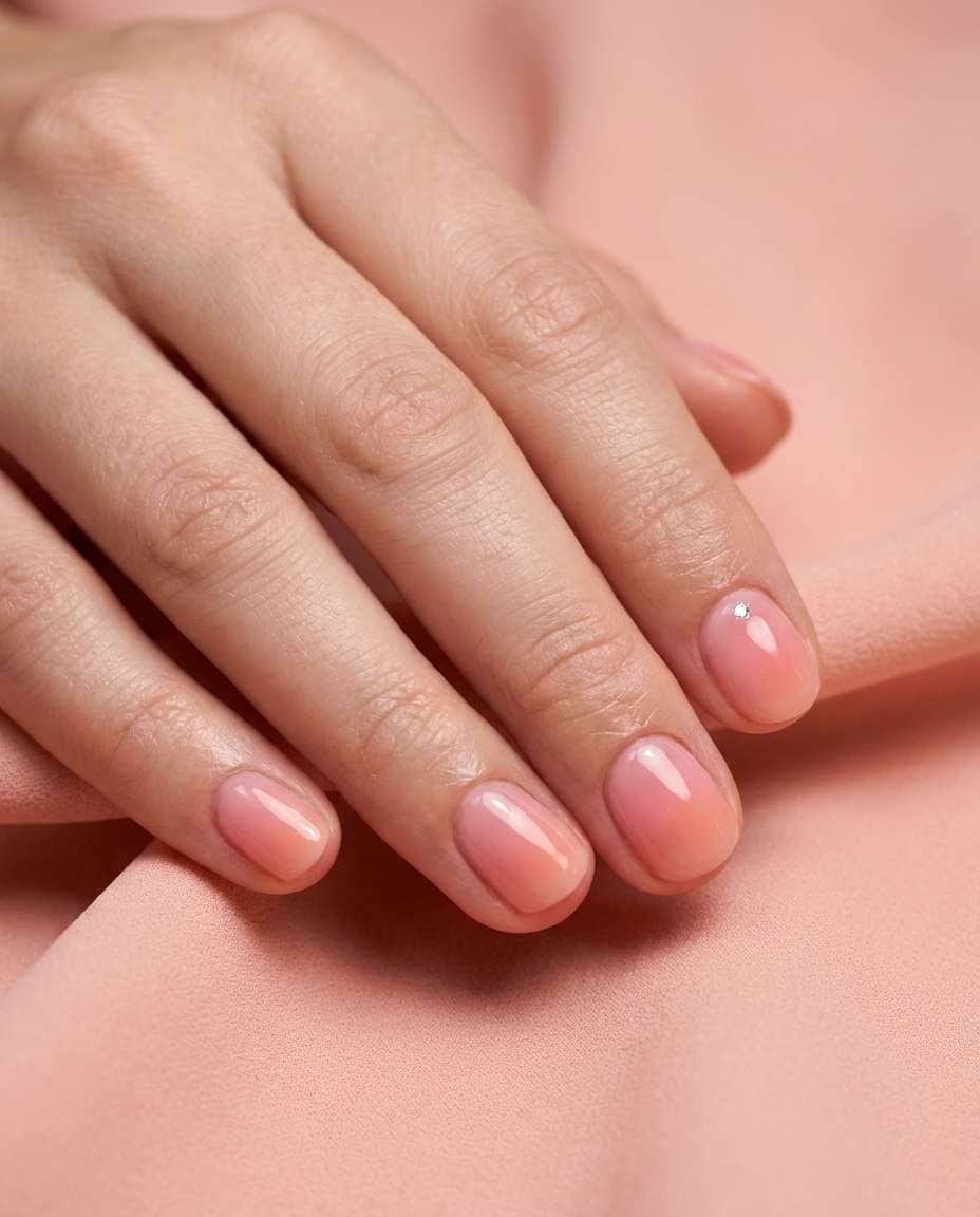 Short Oval Pink Peach Gradient Glossy Nails — Simple Nurse Nails
