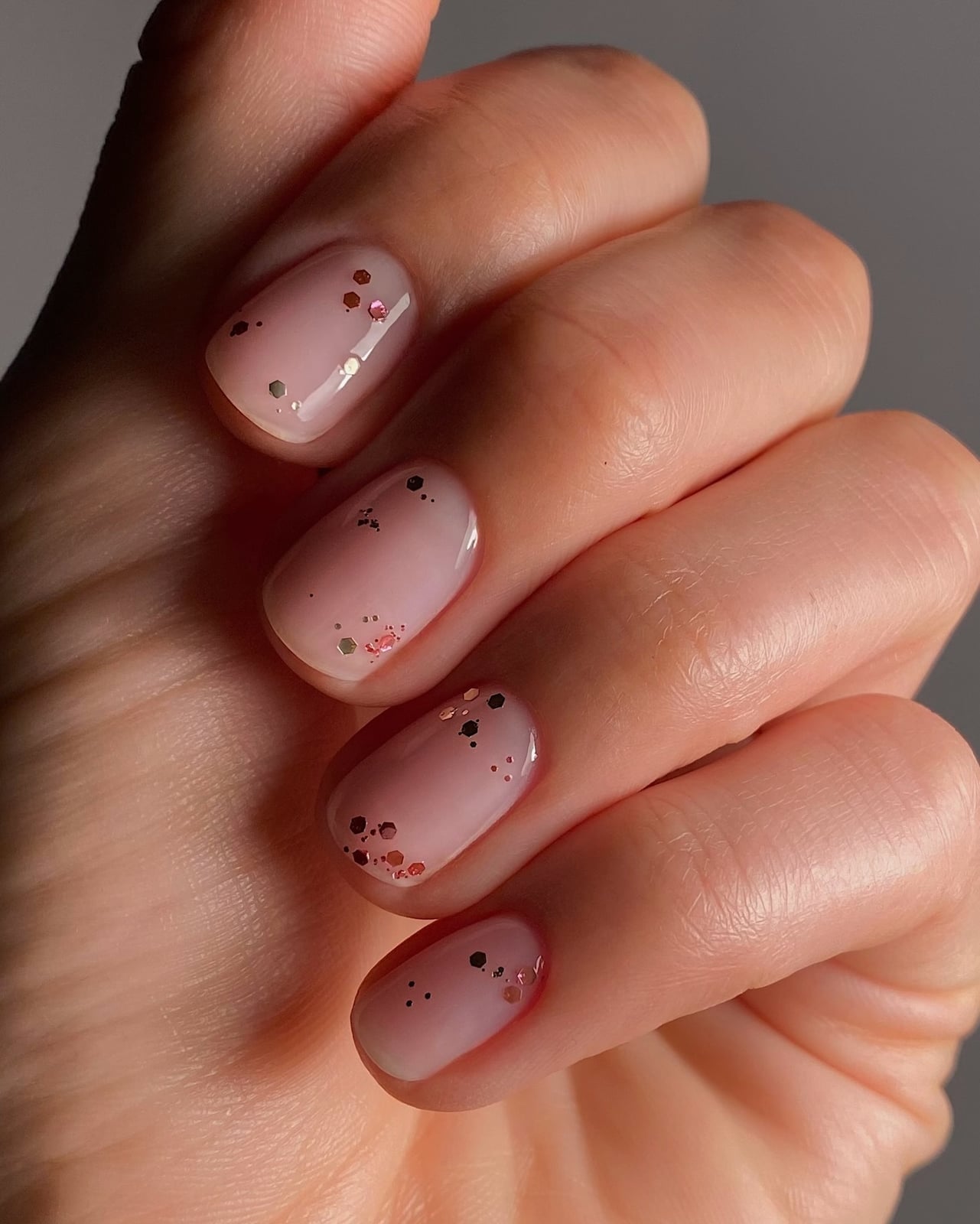 Short Oval Sheer Pink Glitter Dot Nails — Simple Nurse Nails
