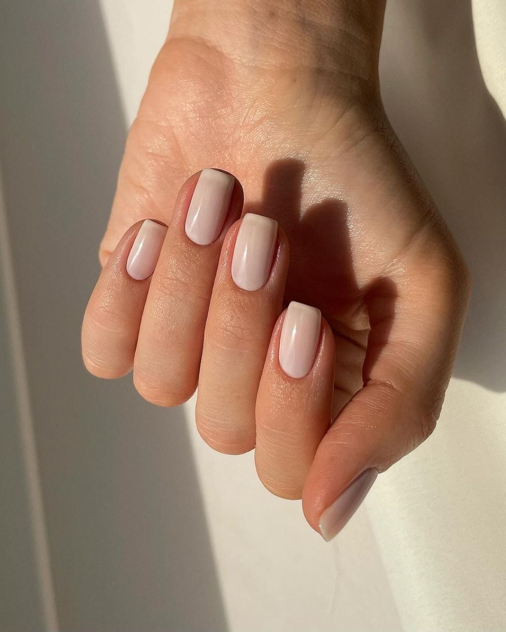 Short Square Sheer Pink Glossy Nails, Close-Up Take — Simple Nurse Nails