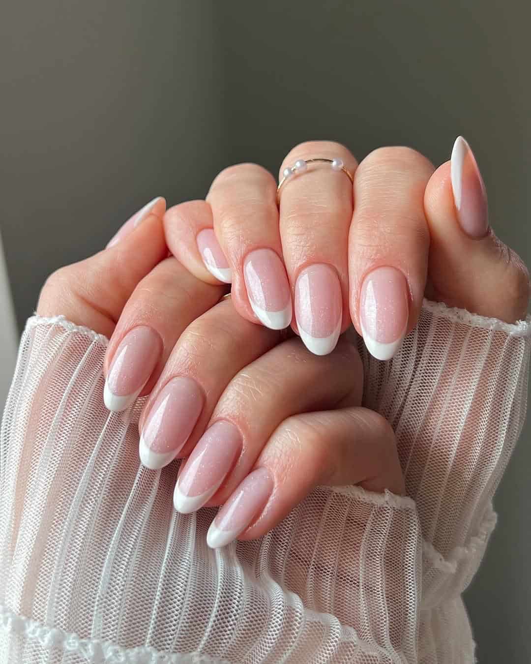 Medium Almond Shimmer Sheer Pink French Tips, Close-Up Take — Simple Nurse Nails