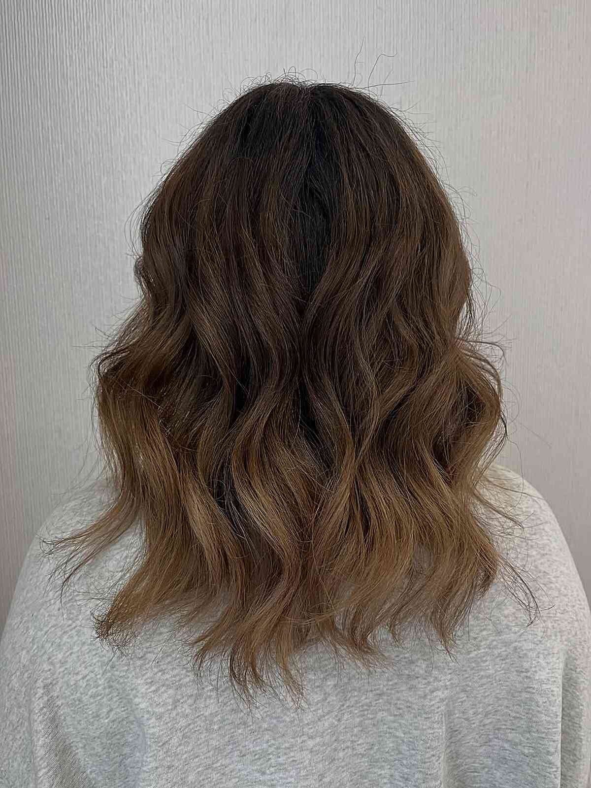 Shoulder Length Medium Brown To Light Brown Ombré, Close-Up Take — Simple Ombré Hair