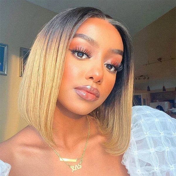 Chin Length Bob Blunt Bangs Dark To Blonde Ombré, Styled Sleekly — Simple Ombré Hair