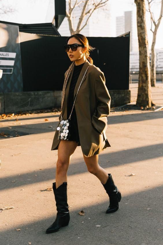Oversized Blazer Mini Dress and Black Cowboy Boots — Simple Outfits with Cowboy Boots