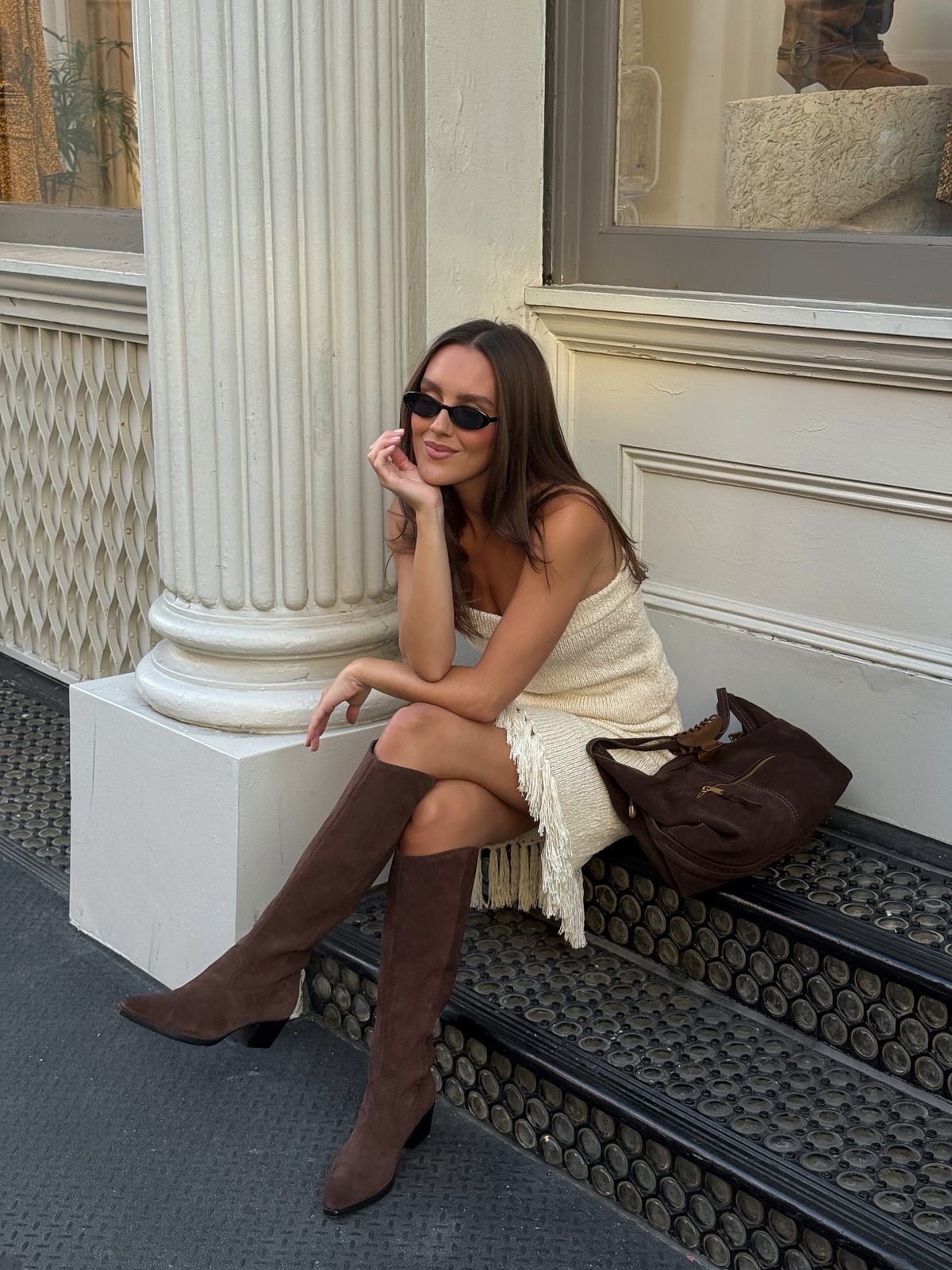 Strapless Mini Dress and Suede Knee-High Cowboy Boots — Simple Outfits with Cowboy Boots