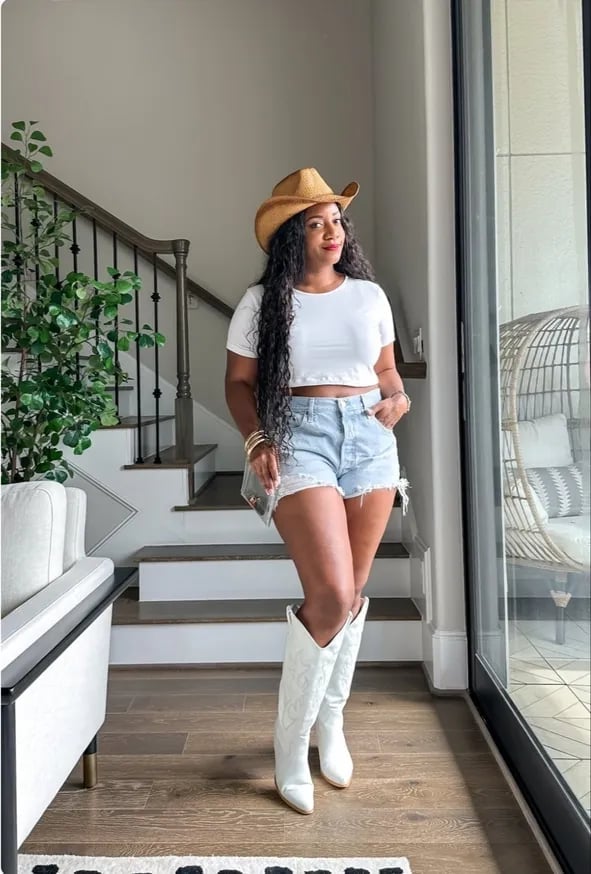 Crop Top Denim Shorts and White Cowboy Boots, Close-Up Take — Simple Outfits with Cowboy Boots