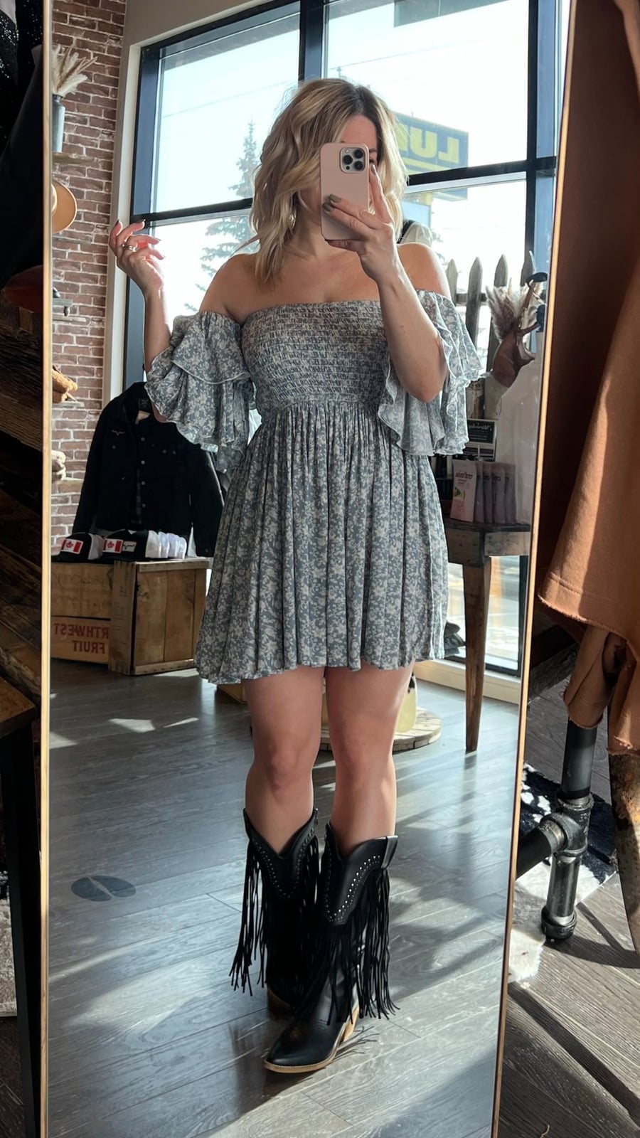 Smocked Dress and Black Fringe Cowboy Boots — Simple Outfits with Cowboy Boots