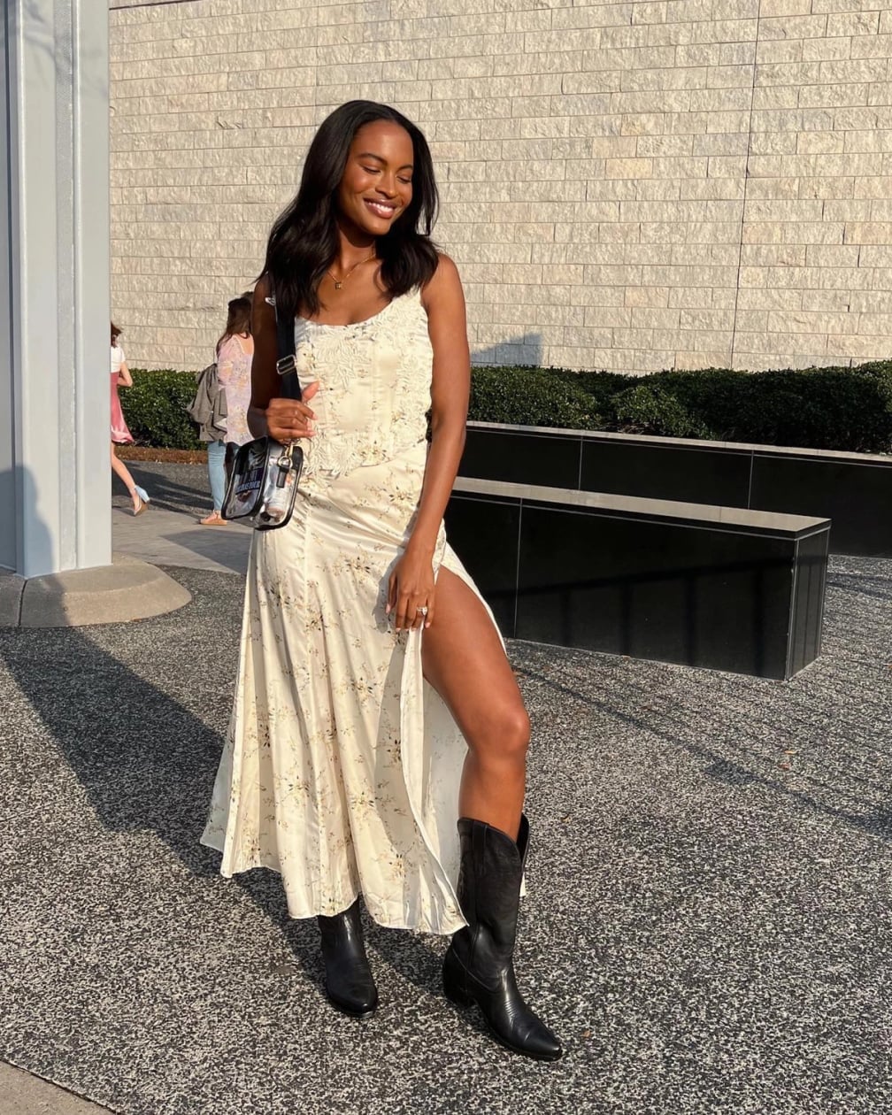 Floral Maxi Dress and Black Cowboy Boots — Simple Outfits with Cowboy Boots