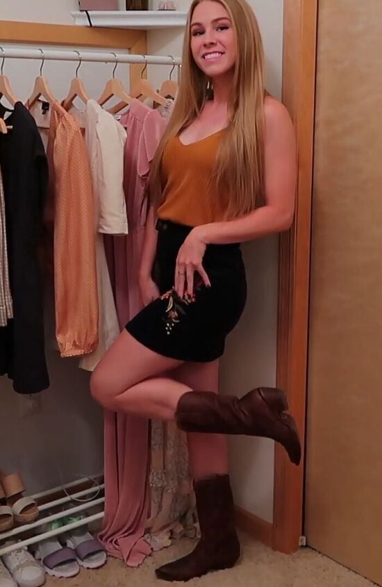 Embroidered Skirt Tank Top and Brown Cowboy Boots — Simple Outfits with Cowboy Boots