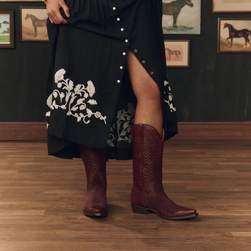 Midi Dress and Burgundy Woven Cowboy Boots — Simple Outfits with Cowboy Boots