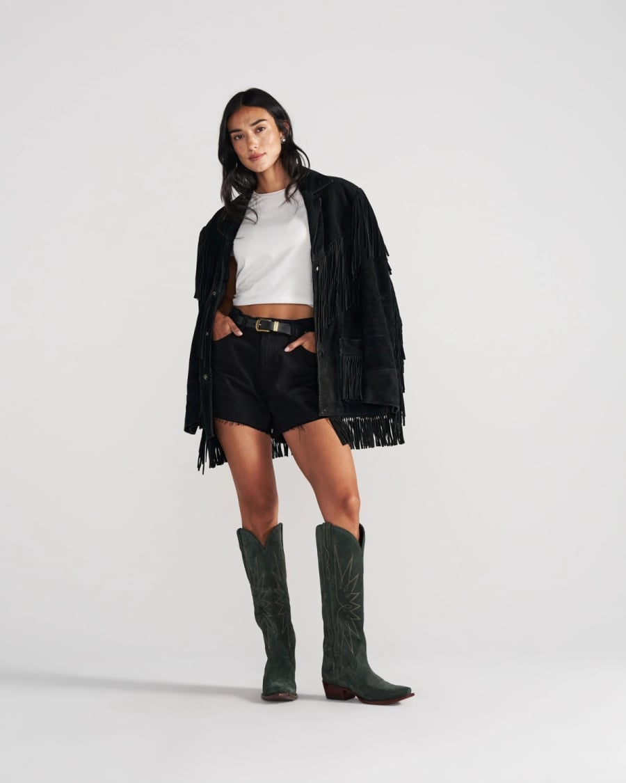 Fringed Jacket Distressed Shorts and Green Cowboy Boots — Simple Outfits with Cowboy Boots