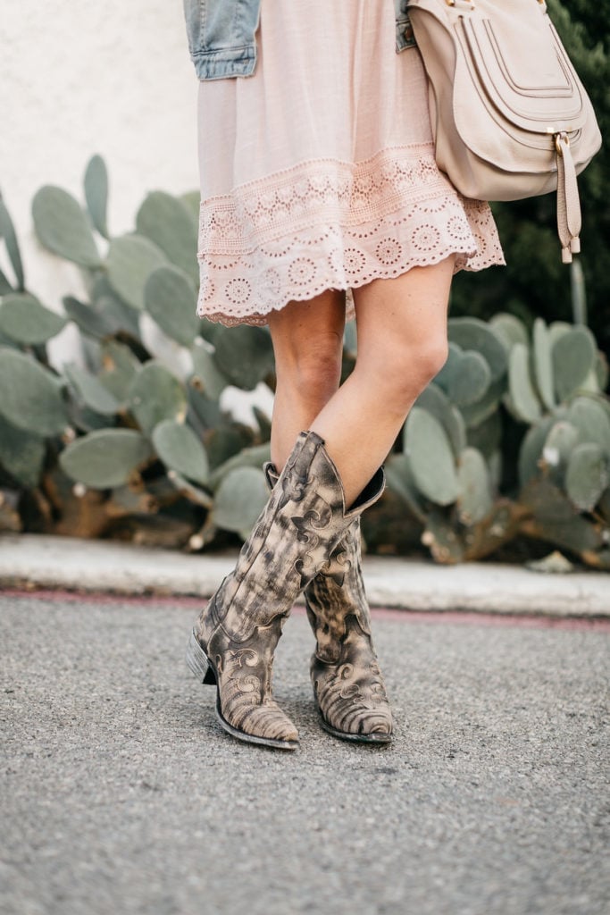 Lace Dress Denim Jacket and Distressed Cowboy Boots — Simple Outfits with Cowboy Boots