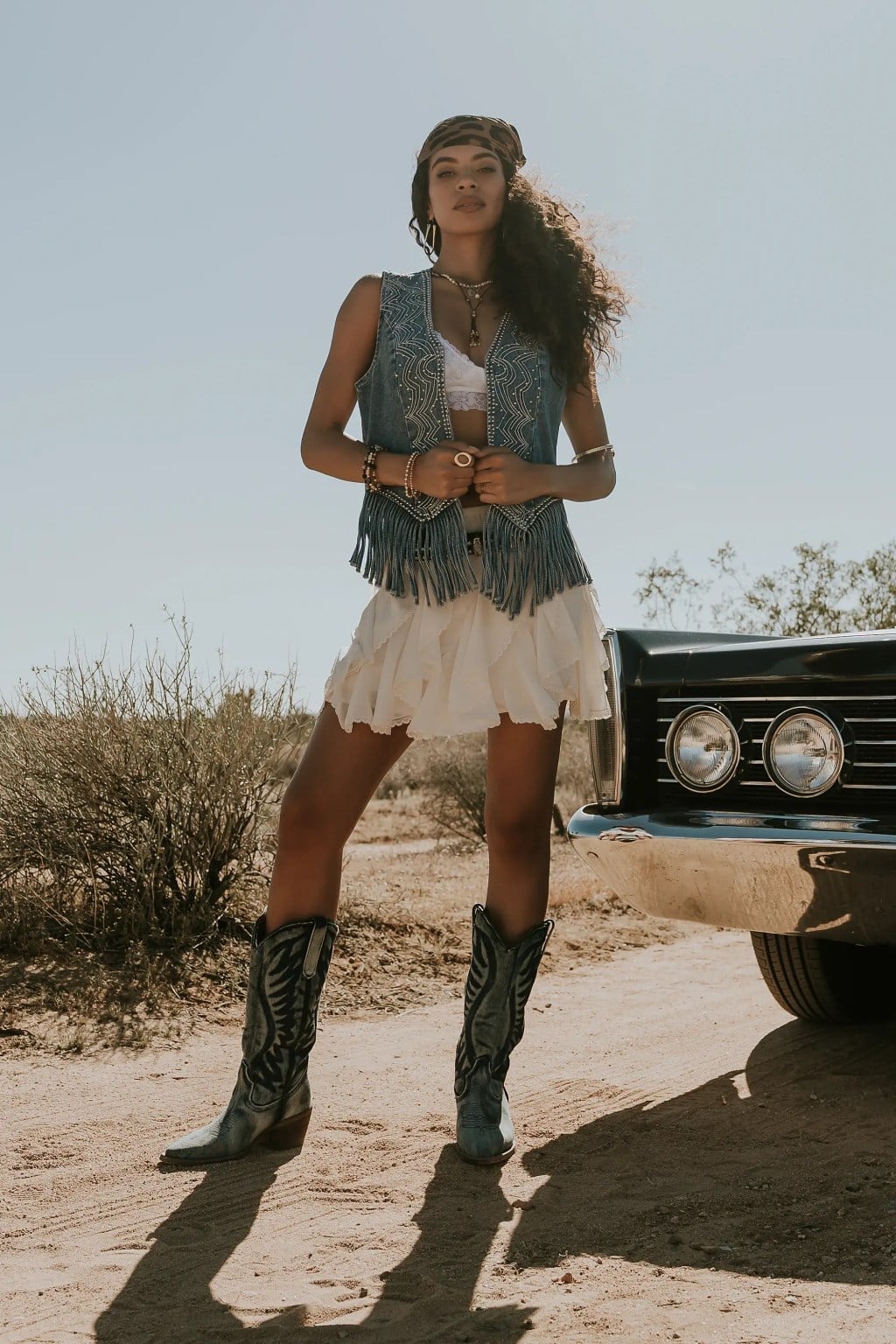 Embroidered Boots Fringe Vest and Mini Skirt — Simple Outfits with Cowboy Boots
