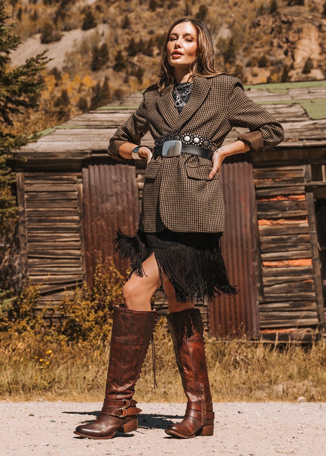 Houndstooth Blazer Fringed Skirt and Brown Cowboy Boots — Simple Outfits with Cowboy Boots