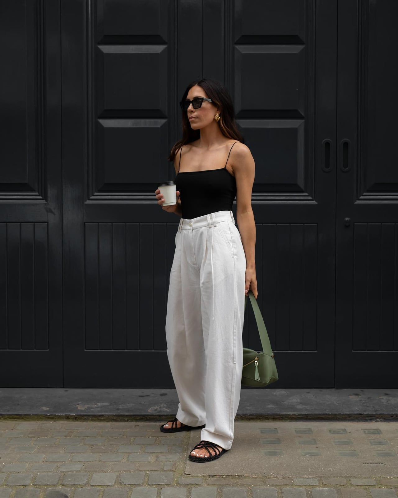 Summer simplicity with black flat sandals, Wide Leg Trousers — Simple Outfits with Flats