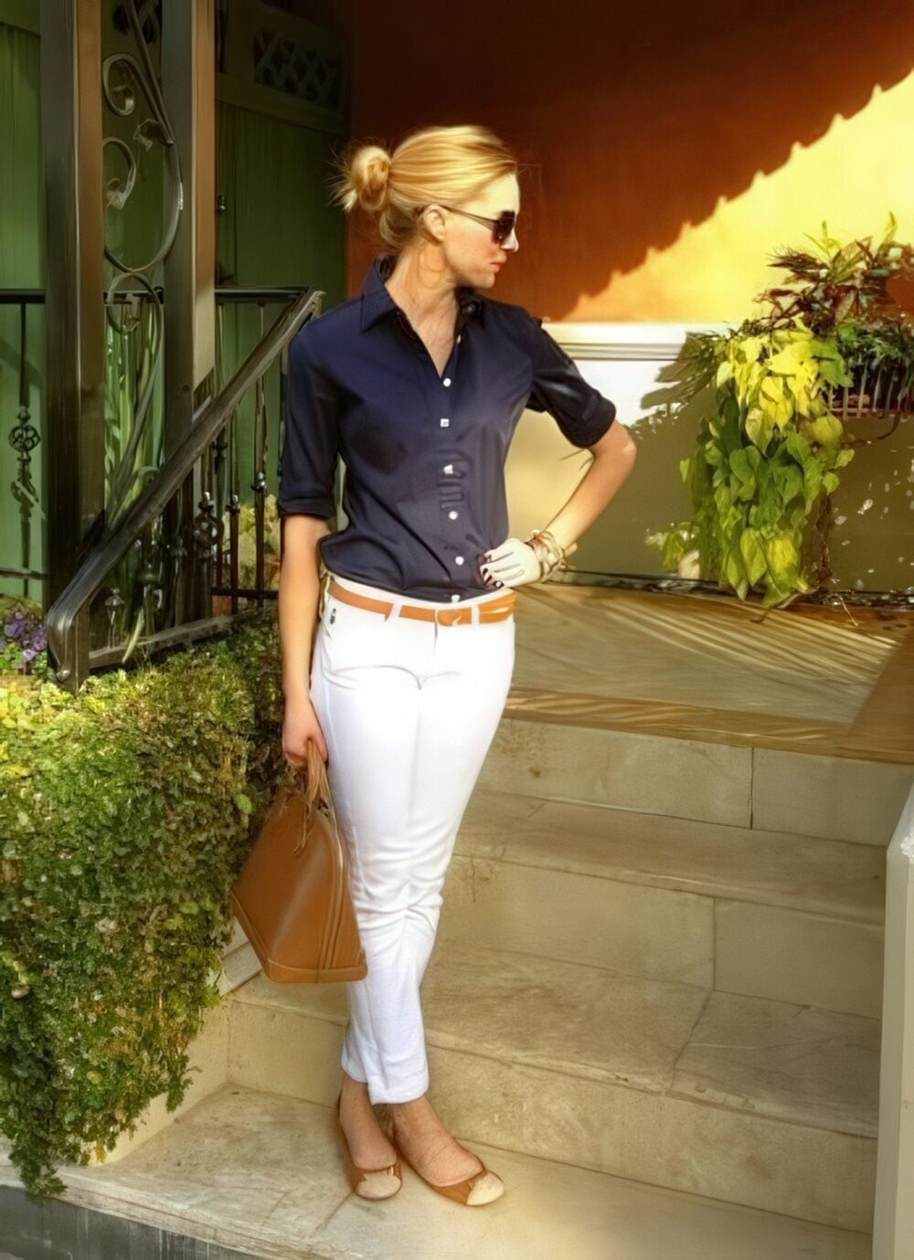 Casual or work with tan pointed-toe flats, Fitted Shirt — Simple Outfits with Flats