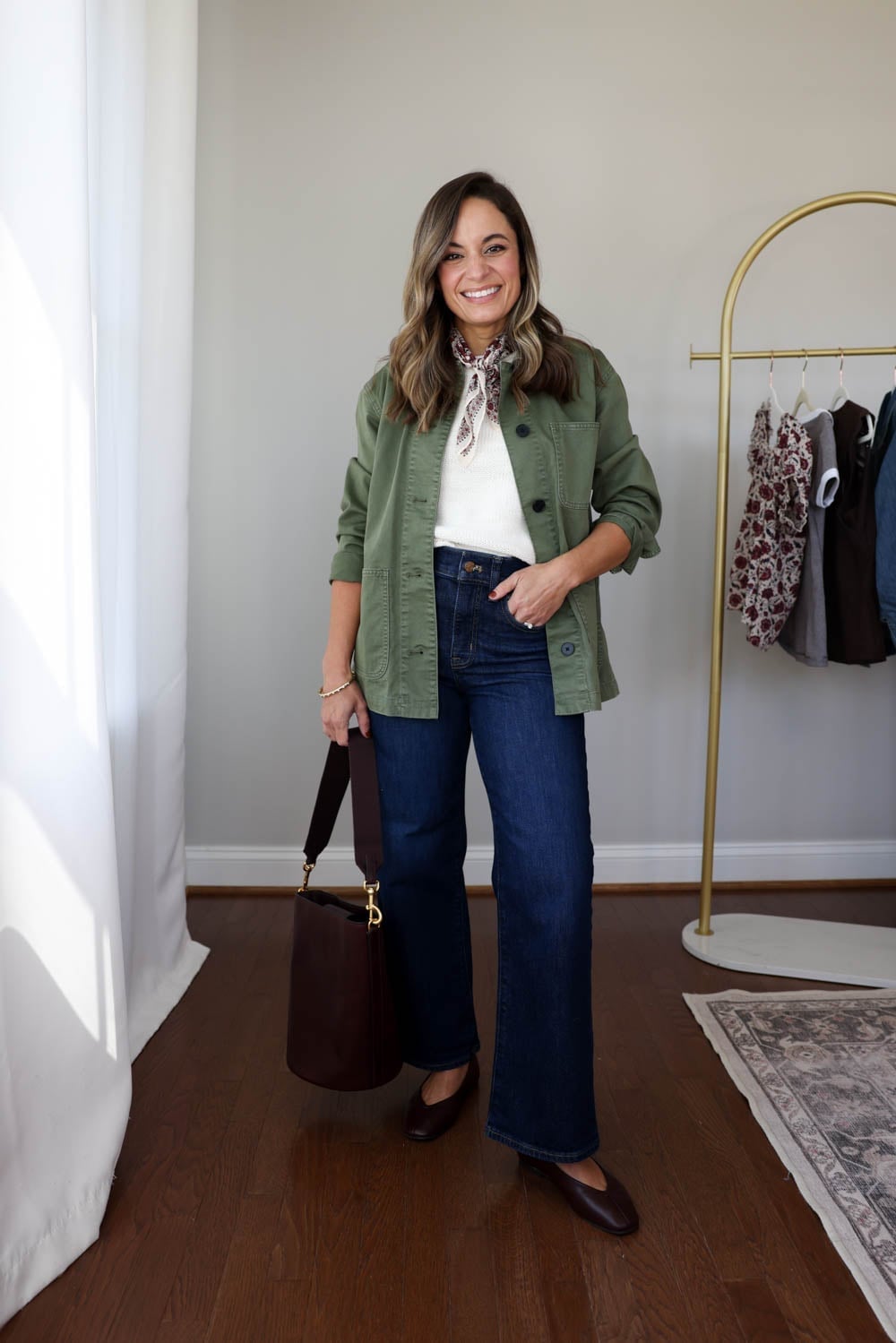 Layered casual look with brown pointed flats — Simple Outfits with Flats