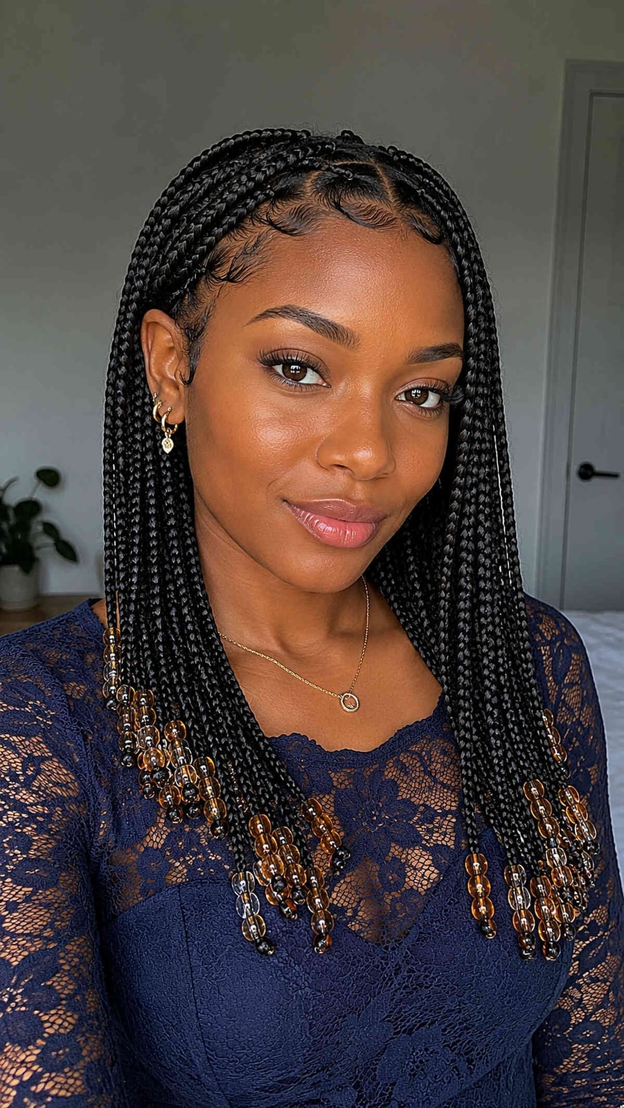 Micro Braids With Curly Ends Shoulder Length, Black With Amber Beads Micro Braids With Curly Ends Shoulder Length, Black With Amber Beads — Simple Parting Braids
