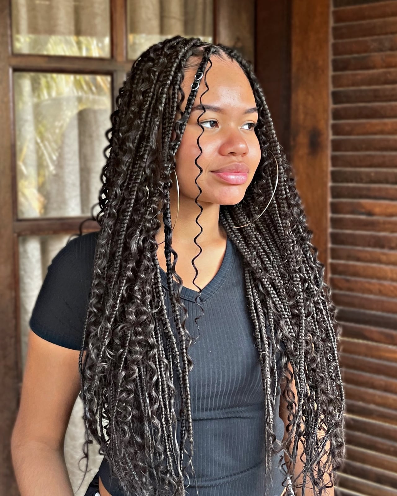 Dark Brown Box Braids With Charms Mid Back Dark Brown Box Braids With Charms Mid Back — Simple Parting Braids
