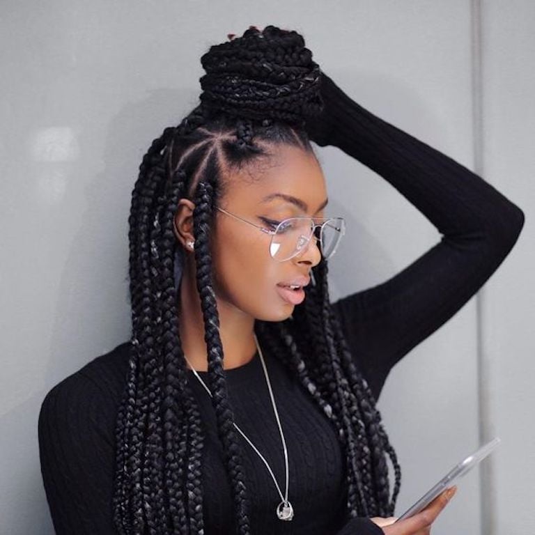 Large Black Box Braids Mid Back, Middle Large Black Box Braids Mid Back, Middle — Simple Parting Braids