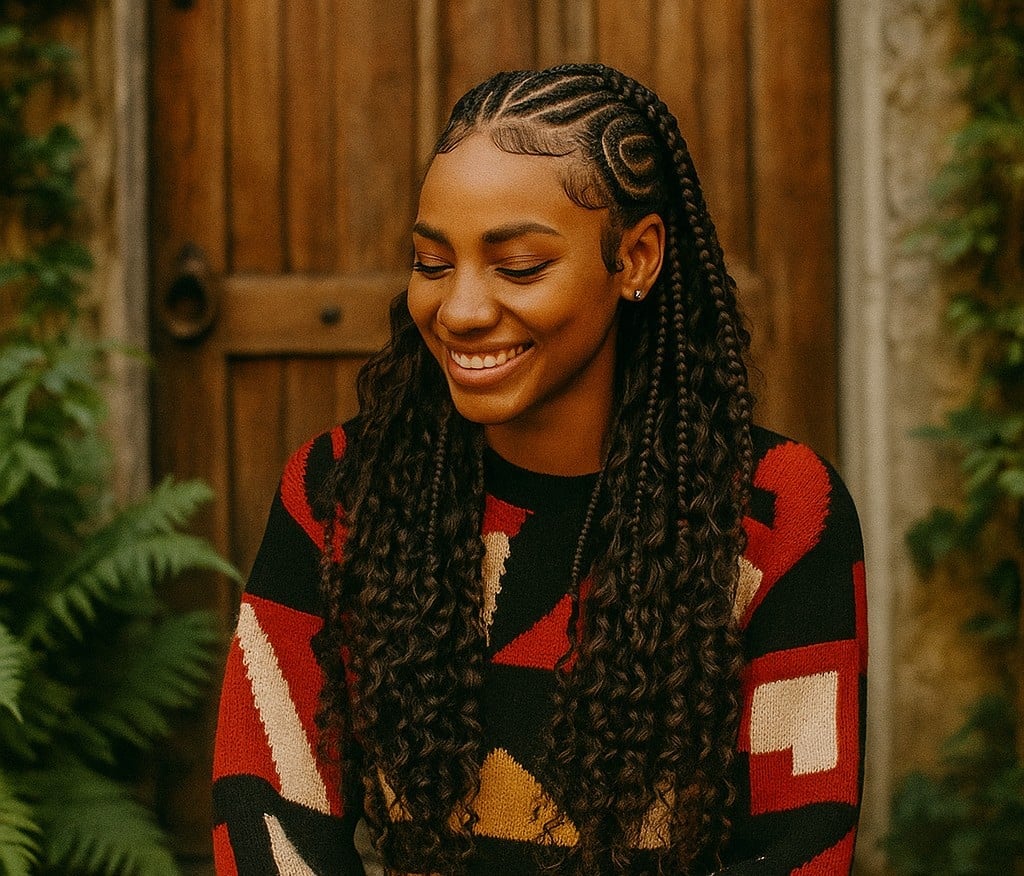 Micro Braids With Zig Zag Parting And Curly Ends Mid Back Micro Braids With Zig Zag Parting And Curly Ends Mid Back — Simple Parting Braids