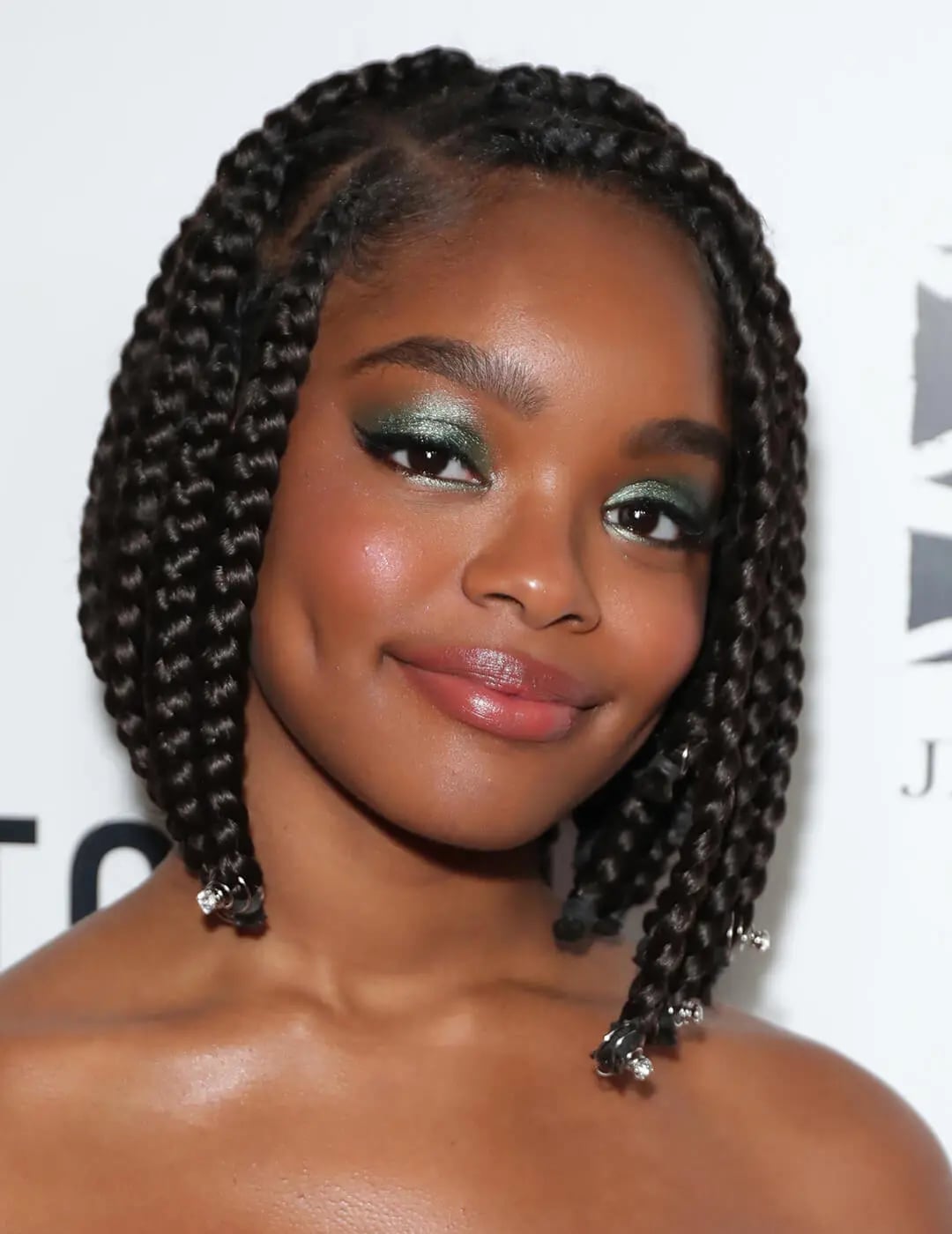Short Chin Length Black Box Braids With Charms, Close-Up Take — Simple Parts Braids