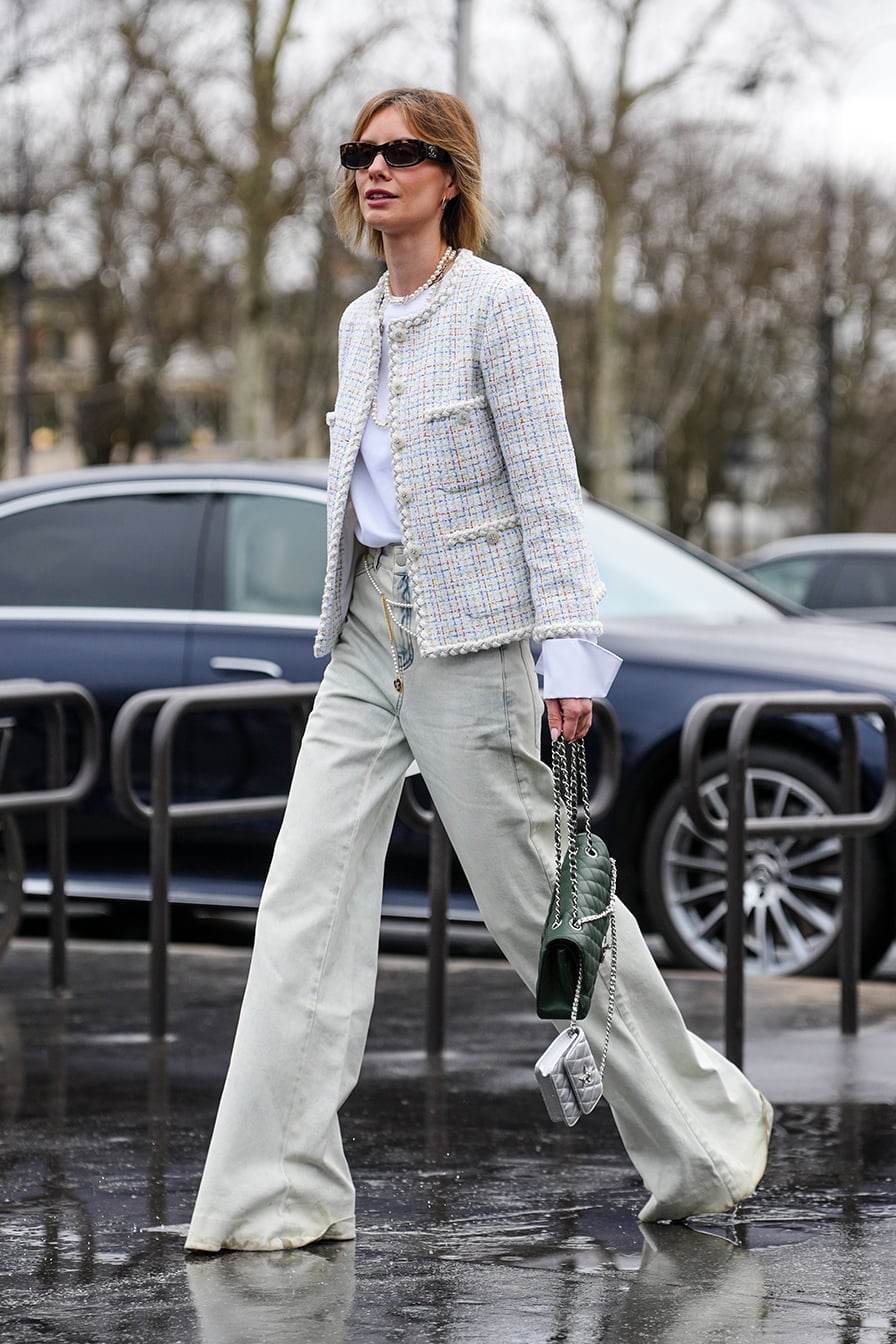 Pastel Tweed Jacket With Wide Leg Jeans Pastel Tweed Jacket With Wide Leg Jeans — Simple Pastel Outfits