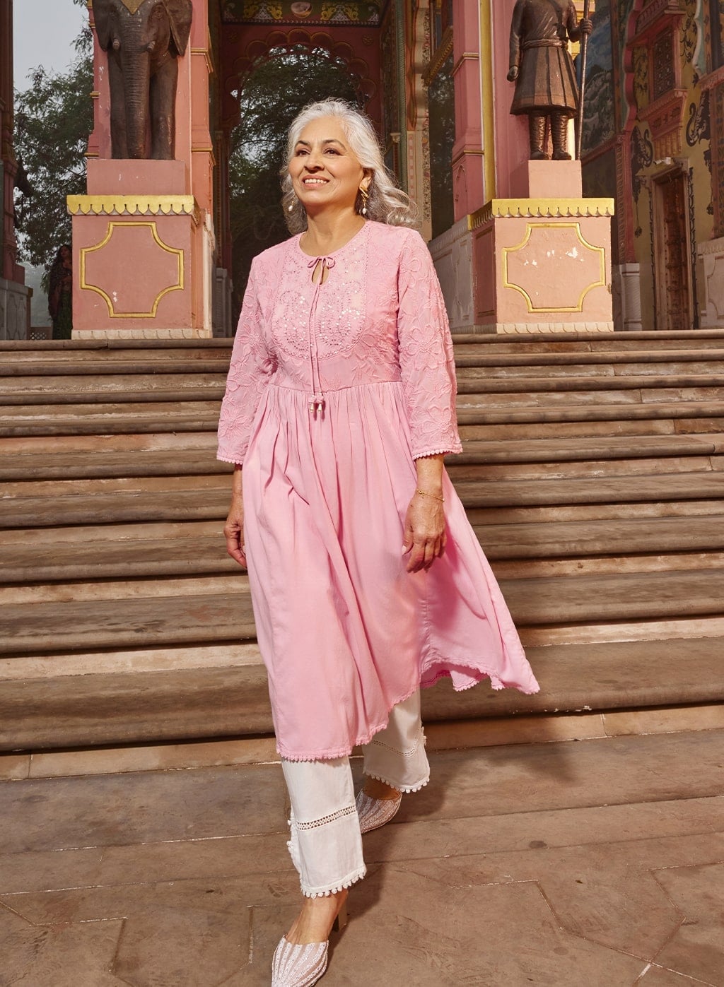 Pink Embroidered Kurta With White Trousers Pink Embroidered Kurta With White Trousers — Simple Pastel Outfits