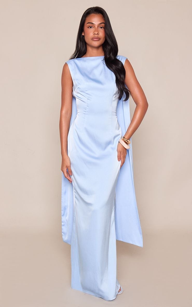 Light Blue Satin Dress With Cape Detail Light Blue Satin Dress With Cape Detail — Simple Pastel Outfits