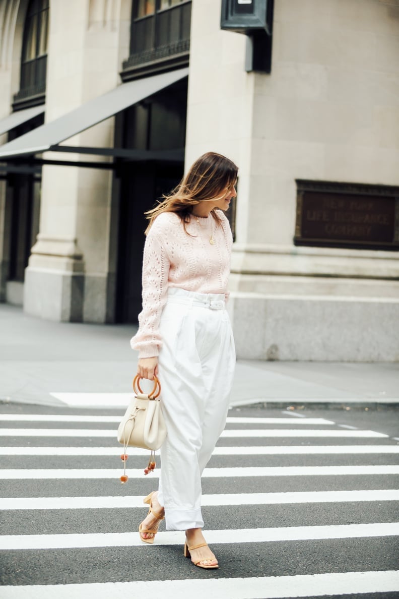 Light Pink Knit Sweater With White Trousers Light Pink Knit Sweater With White Trousers — Simple Pastel Outfits