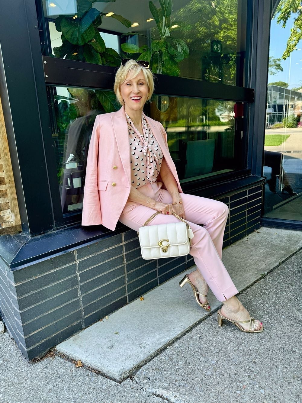 Pink Tailored Suit With Polka Dot Blouse Pink Tailored Suit With Polka Dot Blouse — Simple Pastel Outfits