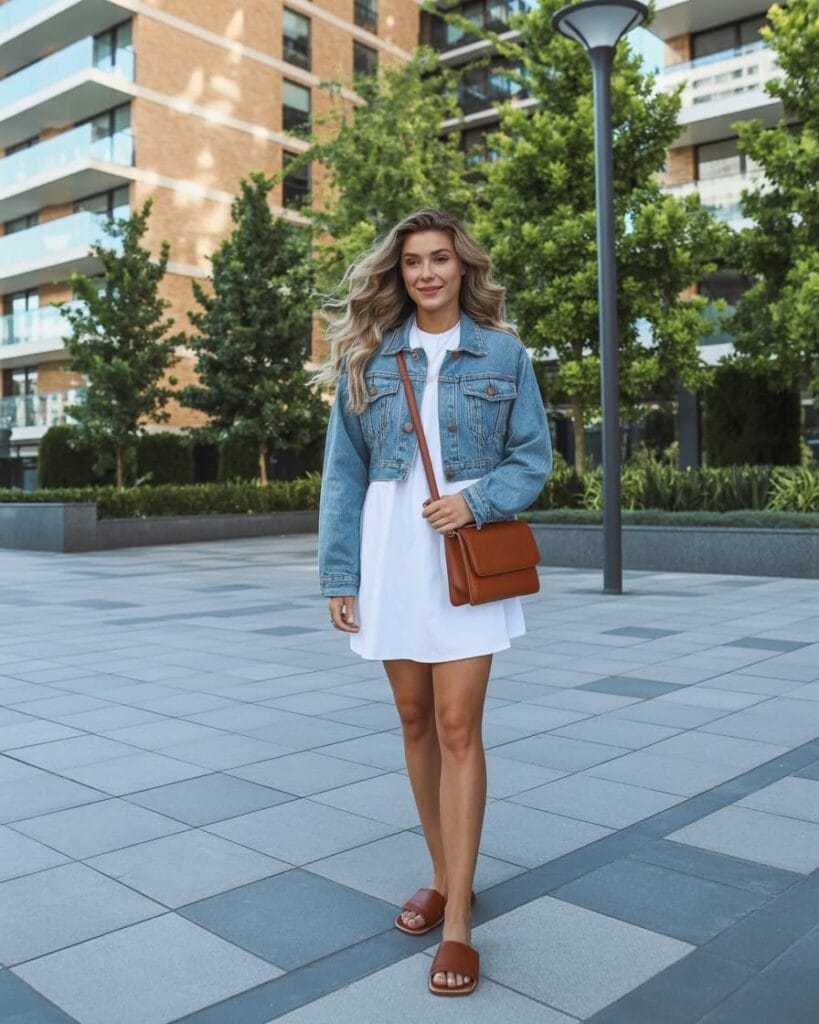 White T-Shirt Dress With Denim Jacket White T-Shirt Dress With Denim Jacket — Simple Pastel Outfits