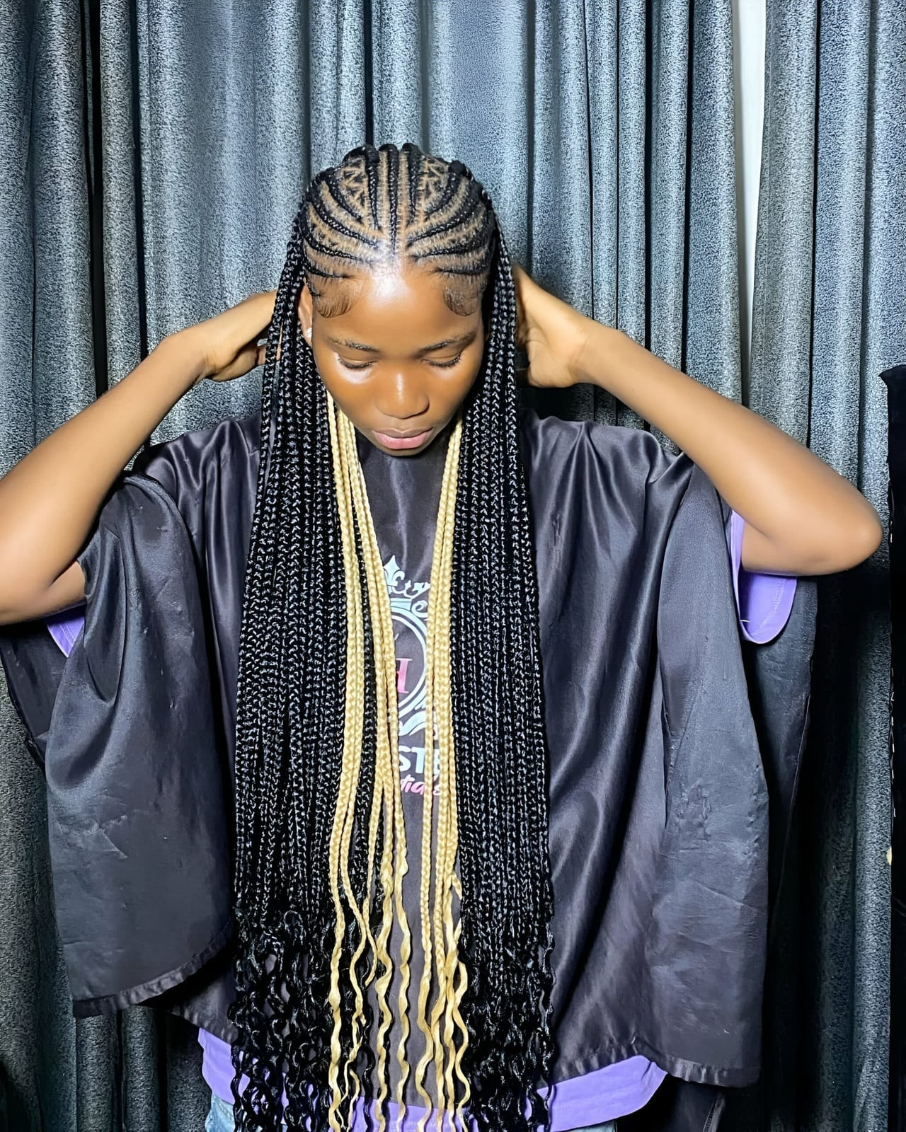 Long Thin Black and Blonde Braids With Curly Ends — Simple Peekaboo Braids
