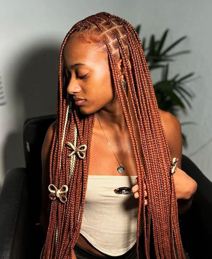 Medium Brown Box Braids With Blonde Peekaboo Streaks and Bows — Simple Peekaboo Braids