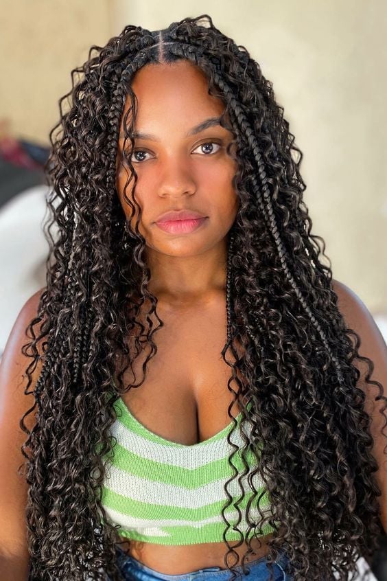 Dark Brown Box Braids Transitioning to Loose Curly Strands — Simple Peekaboo Braids