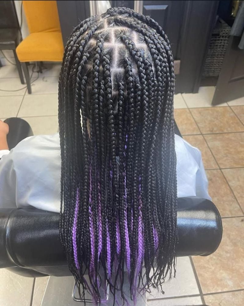 Thick Straight Black Box Braids With Purple Peekaboo Streaks — Simple Peekaboo Braids