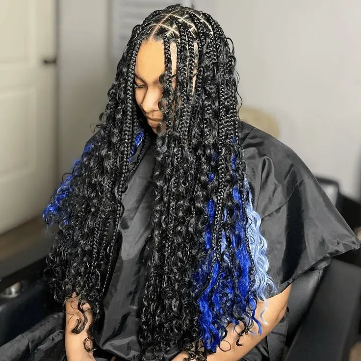 Long Box Braids With Blue Streaks and Curly Ends — Simple Peekaboo Braids