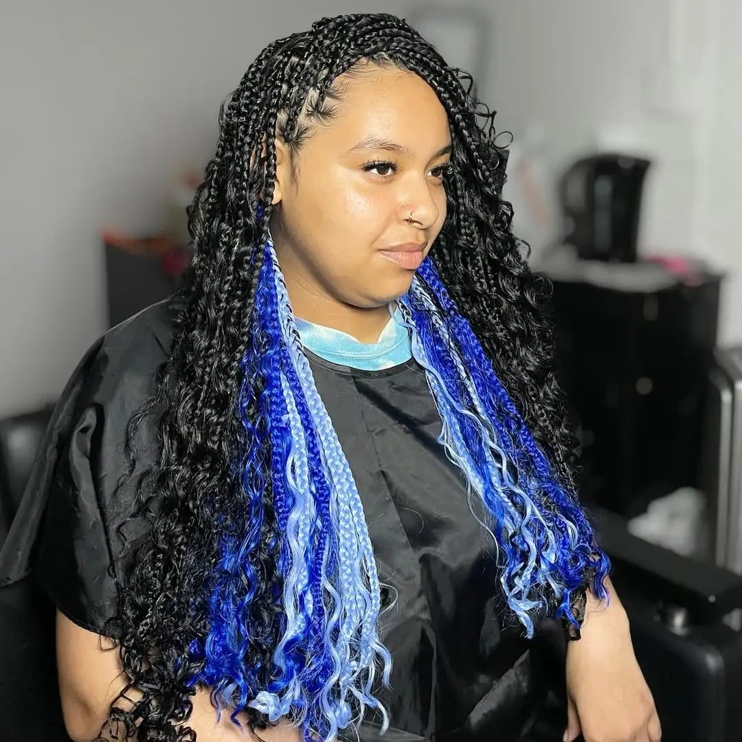 Long Thick Curly Black Braids With Blue Extensions — Simple Peekaboo Braids