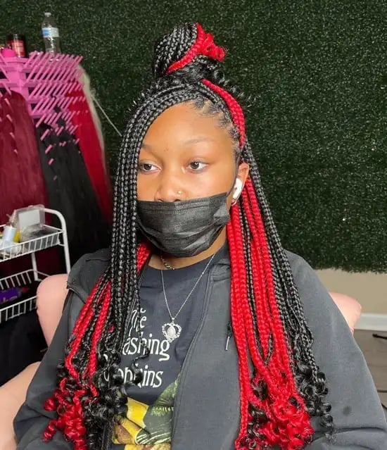 Long Box Braids With Red and Black Mix and Curly Ends — Simple Peekaboo Braids