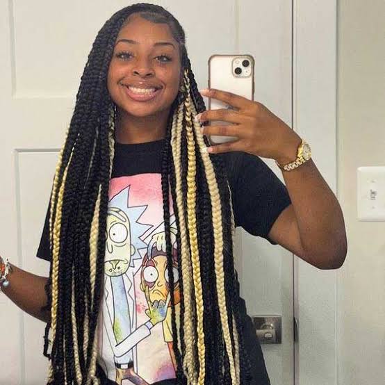 Long Box Braids With Blonde Highlights and Curly Ends, Close-Up Take — Simple Peekaboo Braids