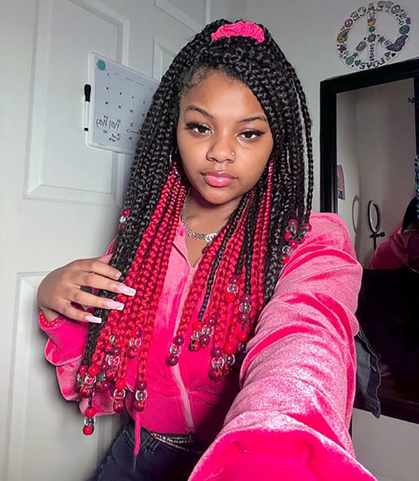 Black Box Braids With Red Peekaboo Braids and Clear Beads — Simple Peekaboo Braids