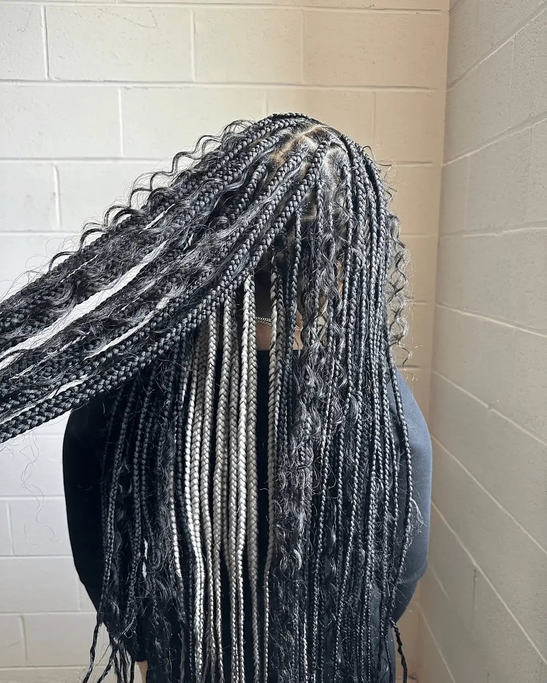 Mid-Back Box Braids With Mixed Black, Gray, and White Strands — Simple Peekaboo Braids