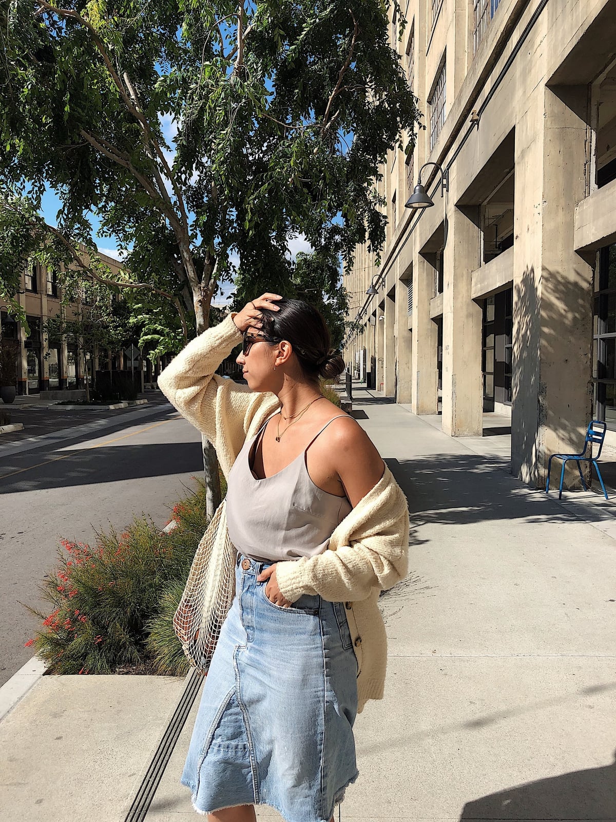 Oversized Cardigan and Denim Skirt — Simple Photoshoot Outfits